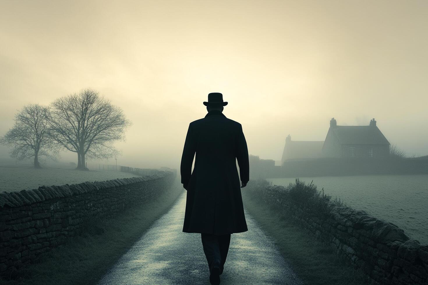 A man in a top hat and coat walking down a path photo