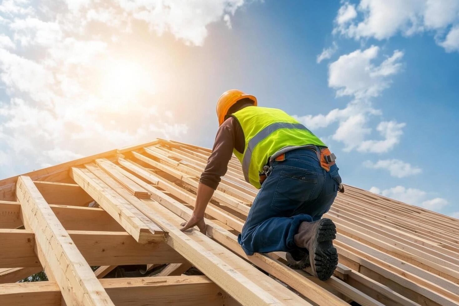 A man in a safety vest is working on a roof photo
