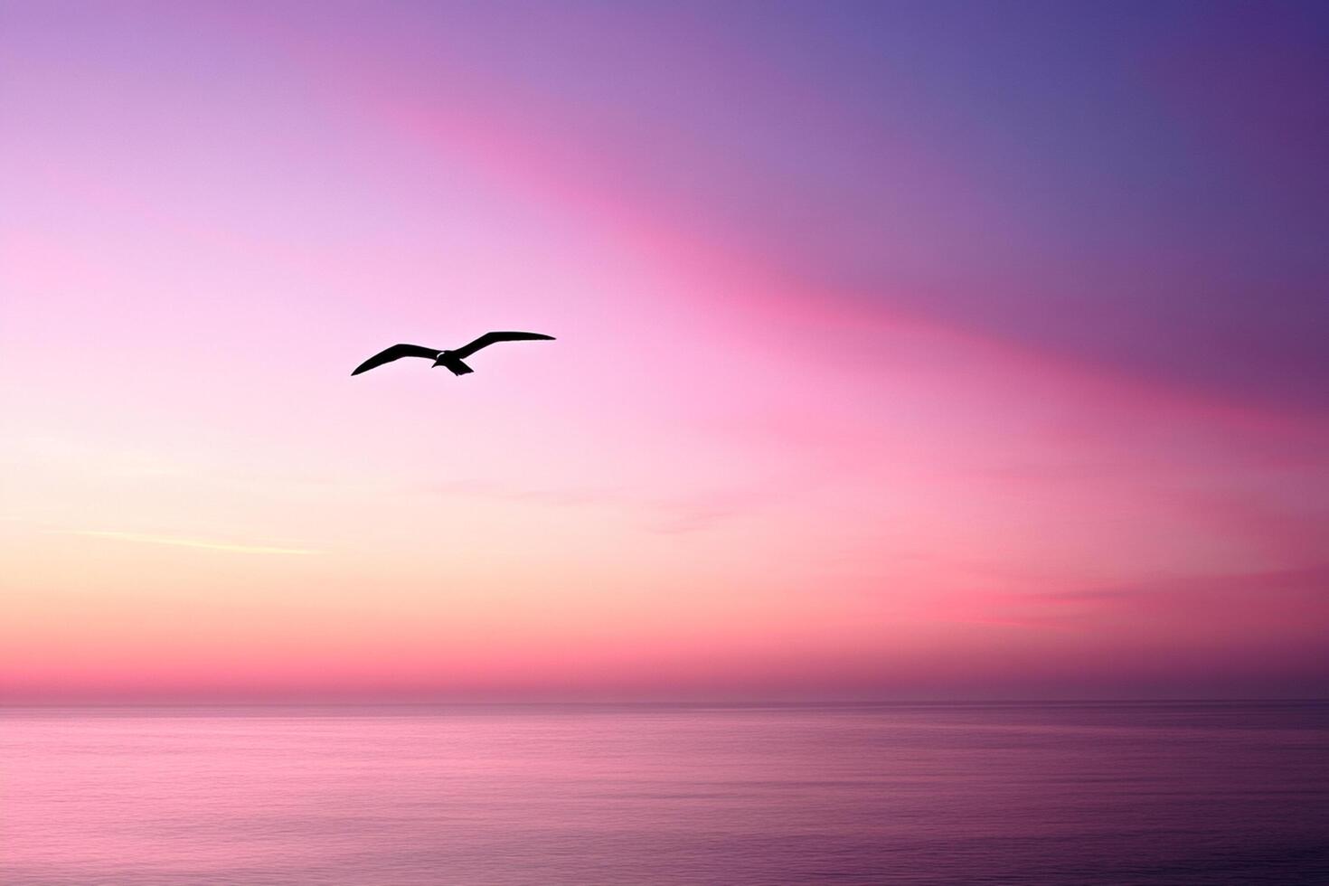 A bird flying over the ocean at sunset photo