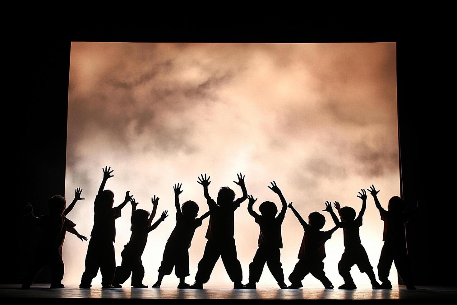 Silhouette of children on stage with hands up photo