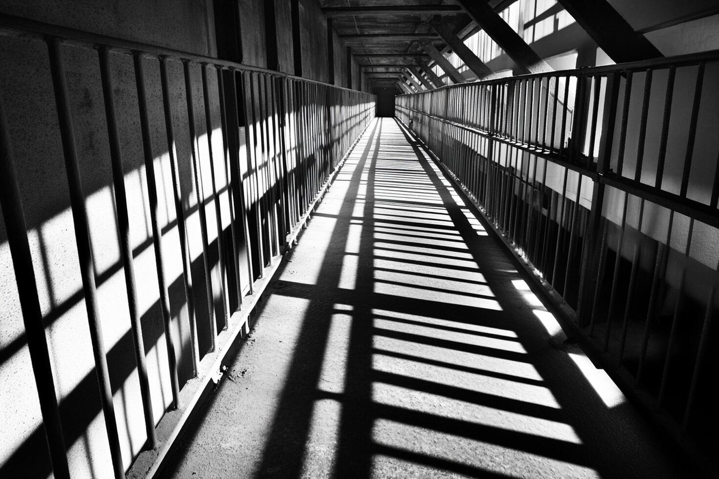 A long hallway with bars and light coming from the windows photo