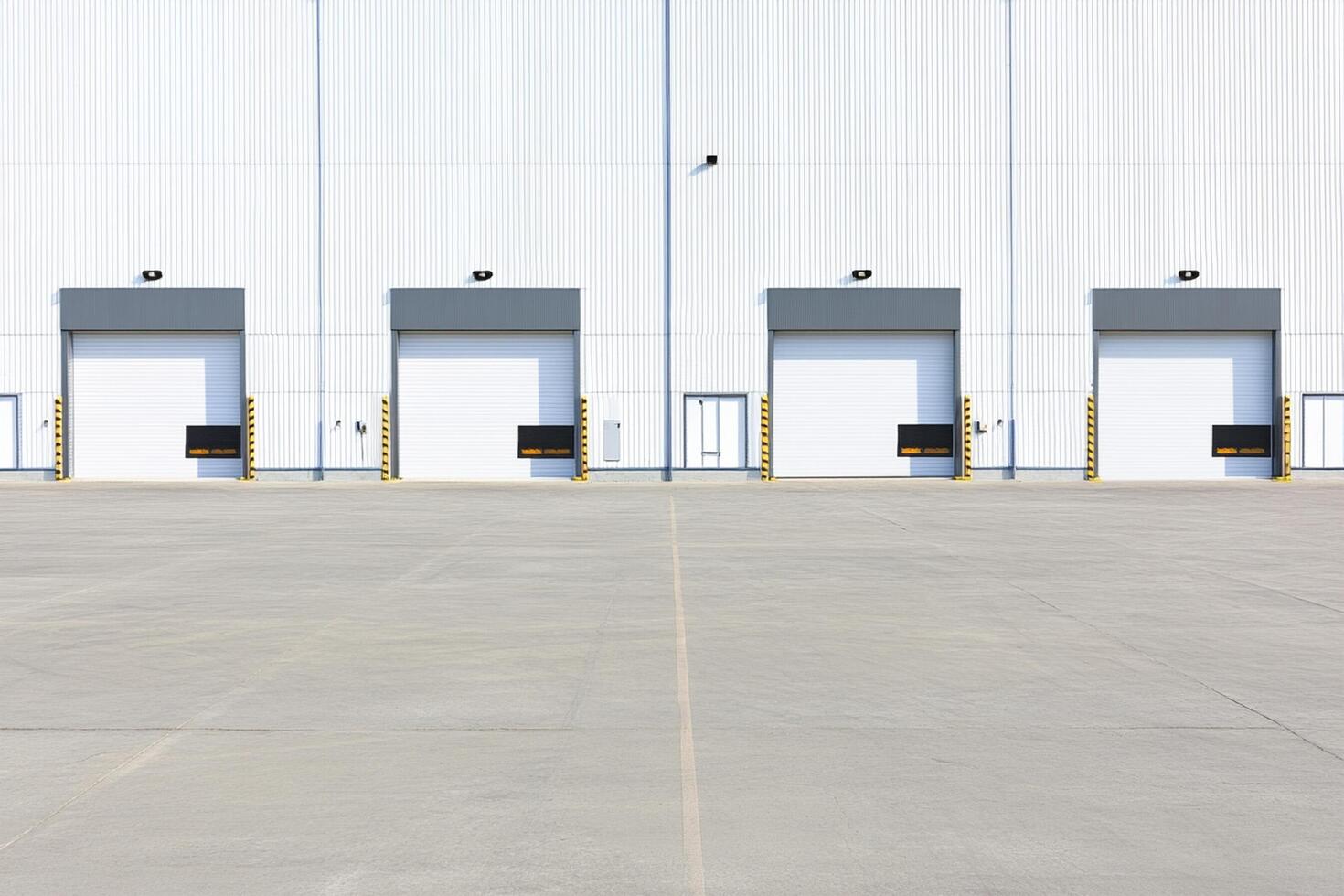 A large warehouse with four doors and a parking lot photo