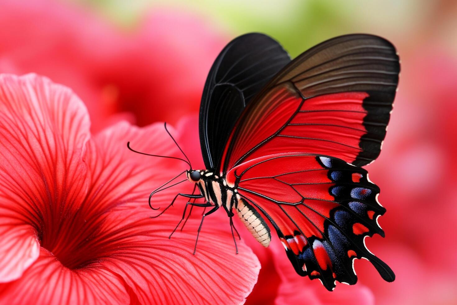 A red butterfly is sitting on a pink flower photo