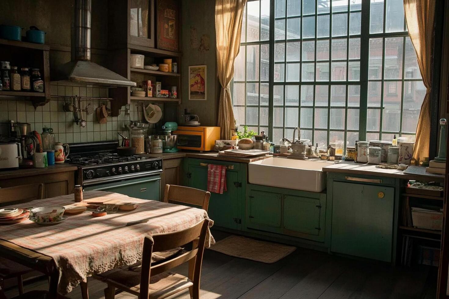 A kitchen with a table and chairs in it photo