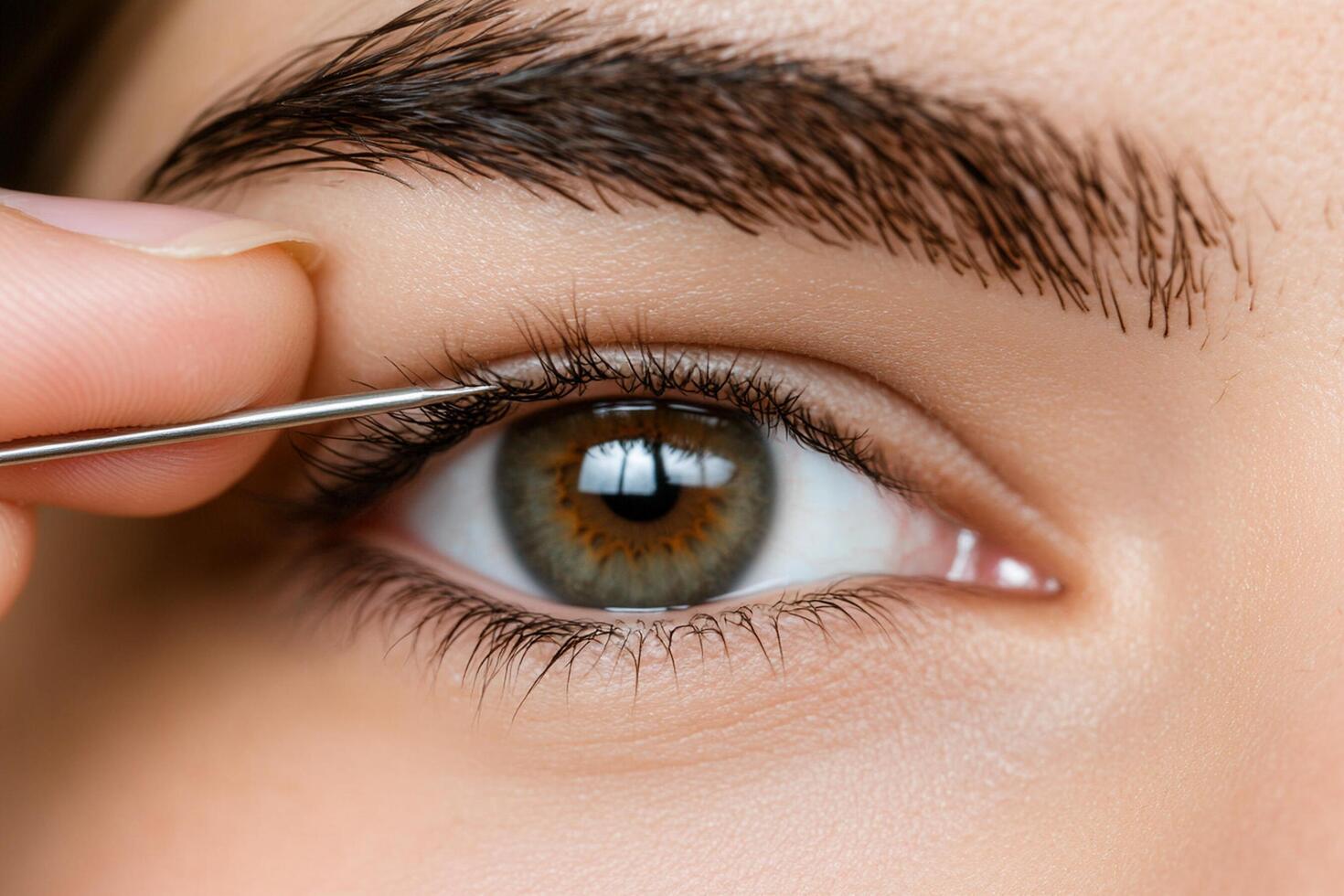 A woman is using a tweezer to remove her eyelashes photo