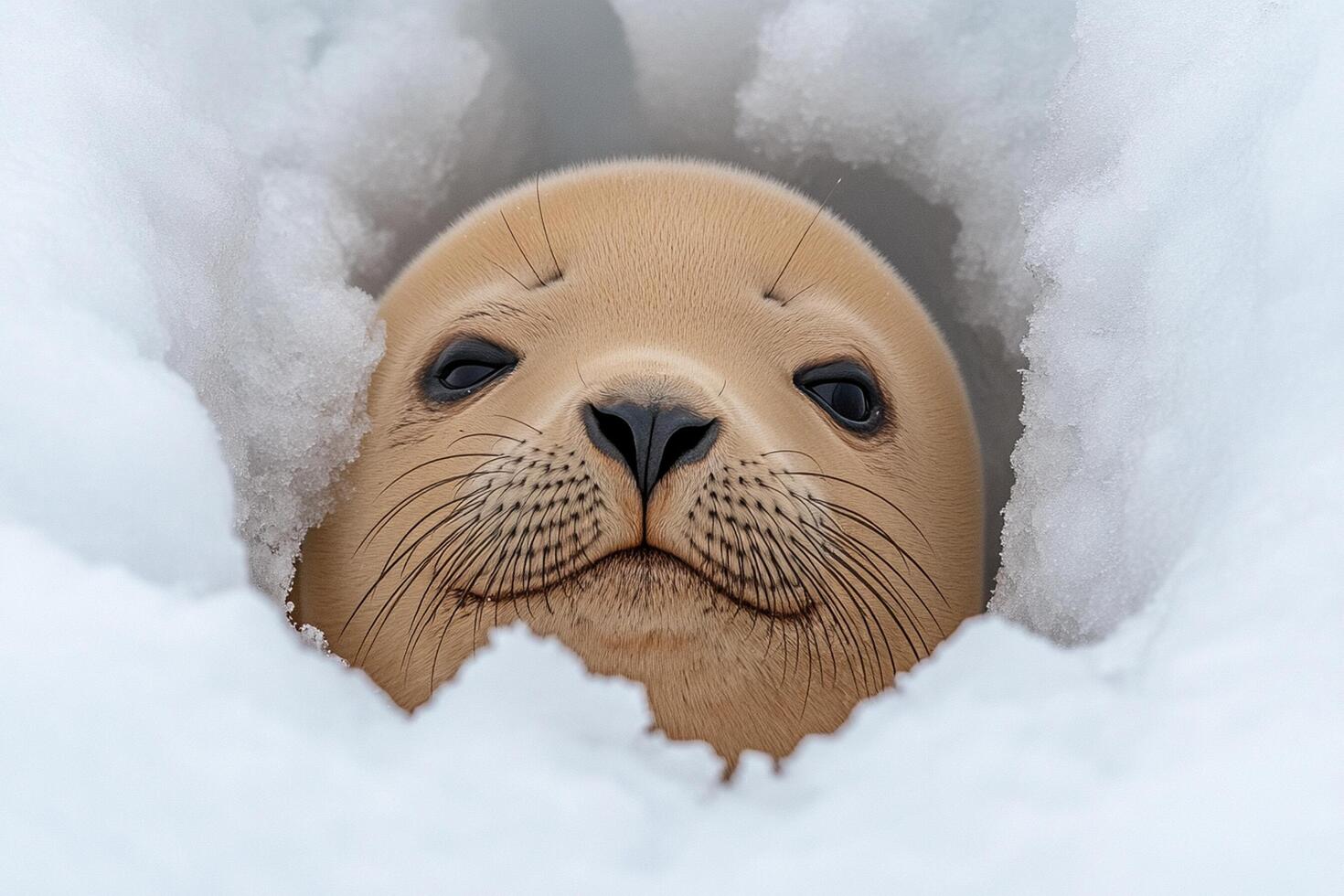 A seal is peeking out from the snow photo