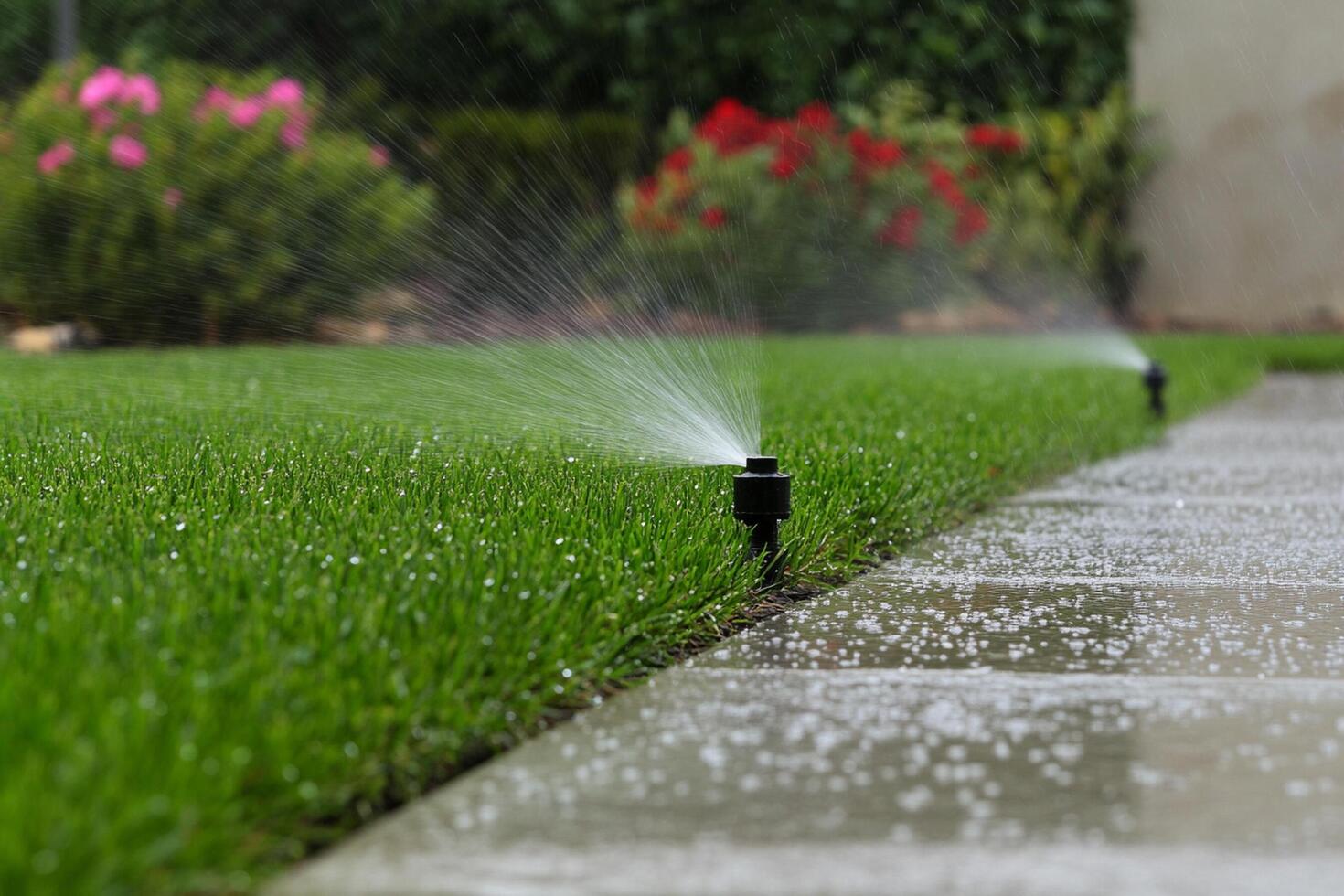A sprinkler is spraying water on a lawn photo