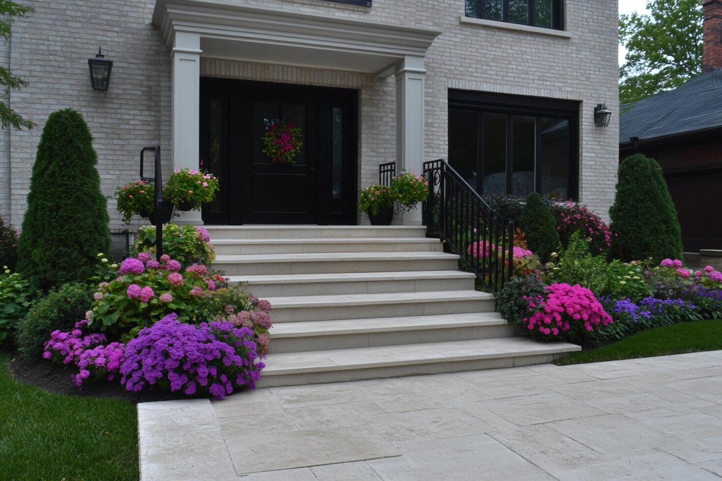 A beautiful front yard with flowers and steps photo