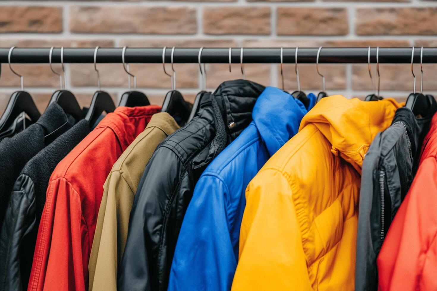 Colorful jackets hanging on a rack photo