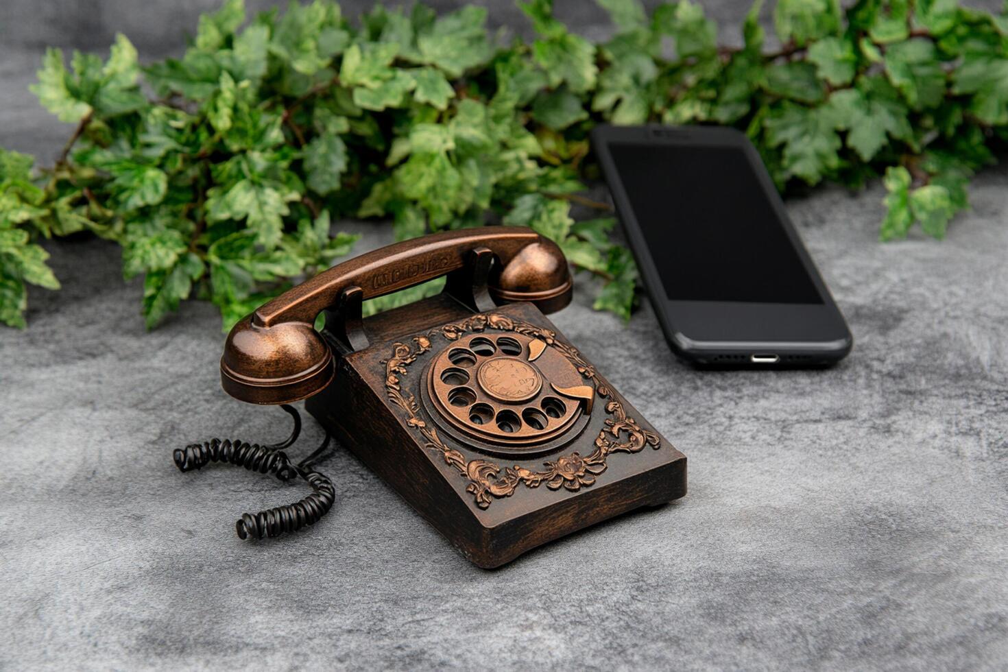 A phone and a vintage telephone on a table photo