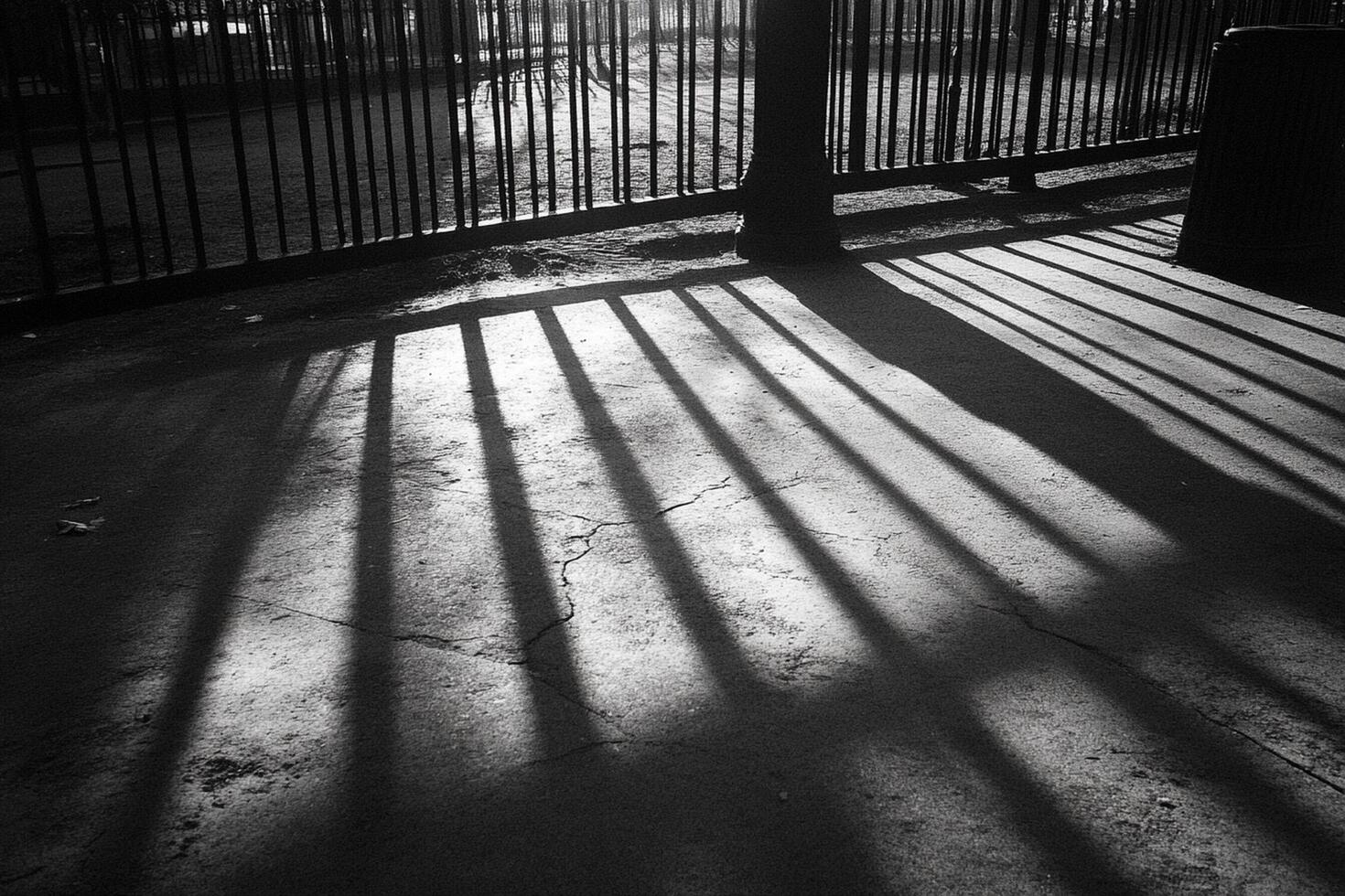 The sun is shining through the shadows of a fence photo