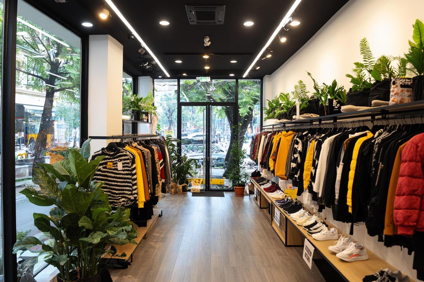 A clothing store with many clothes on racks photo