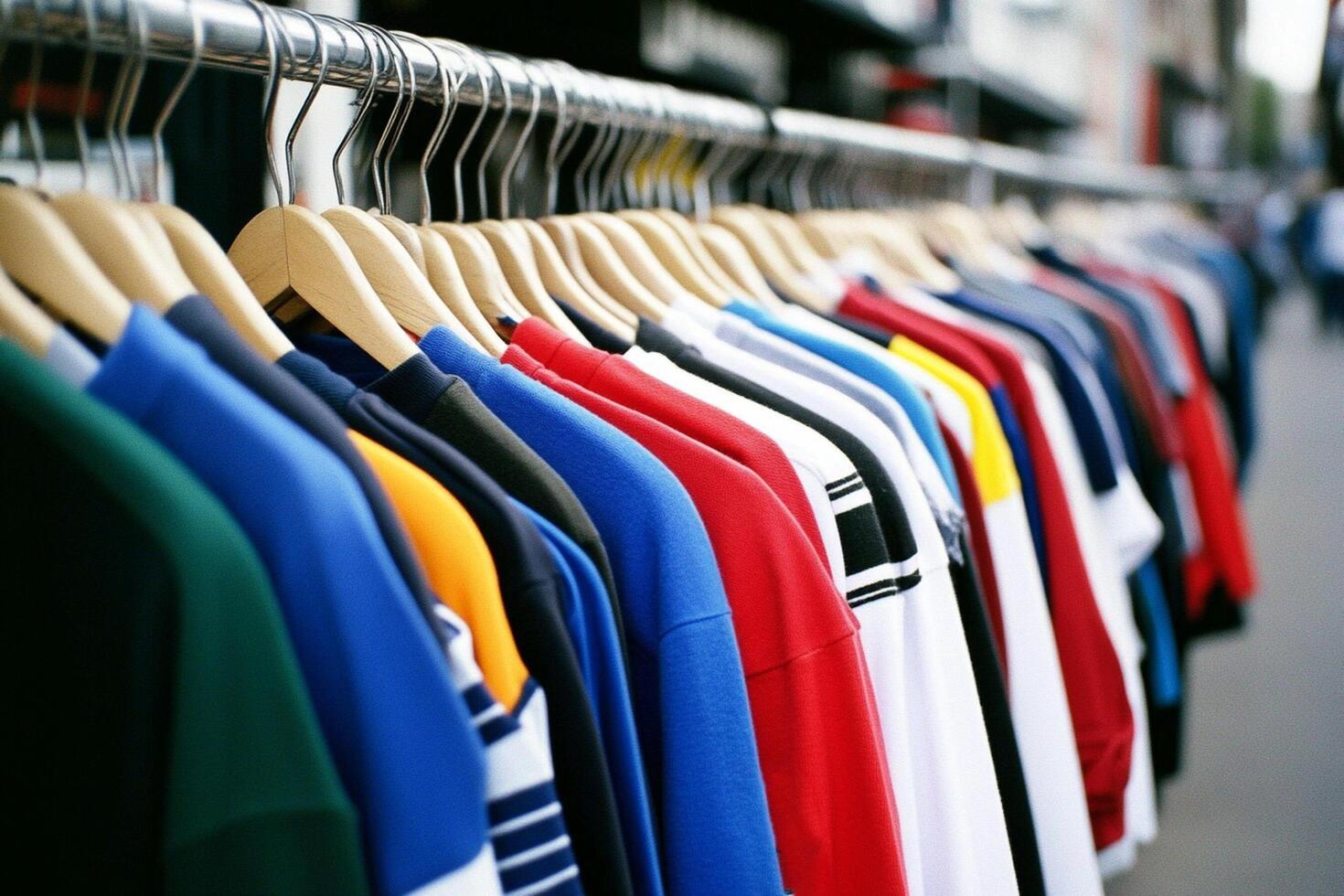 Many different colored shirts are hanging on a rack photo