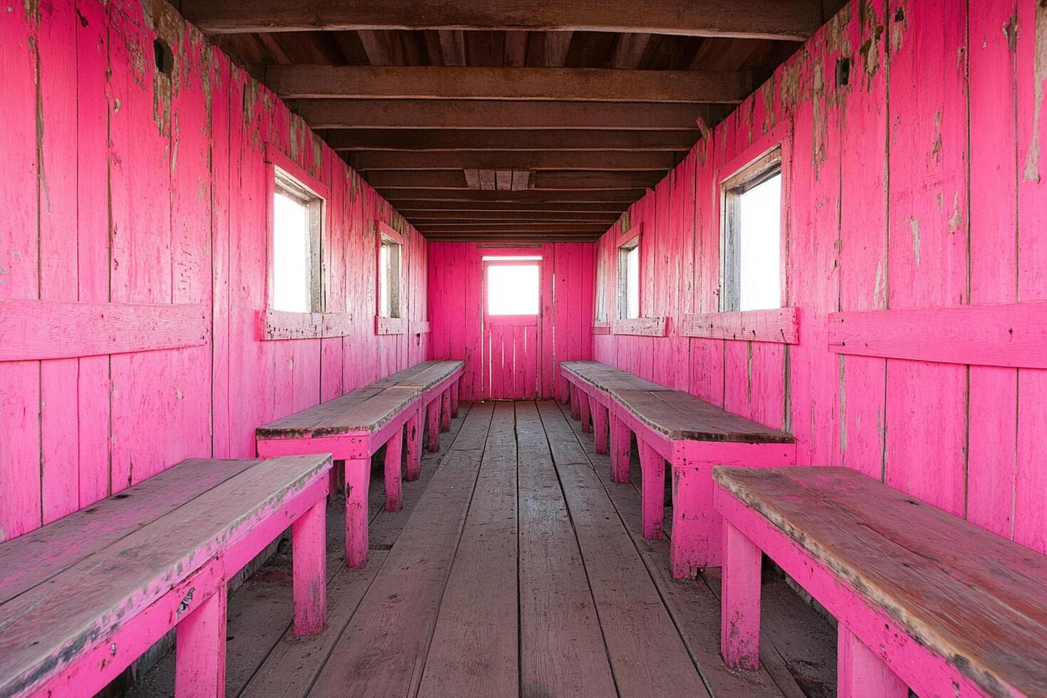 A long hallway with pink painted walls and benches photo