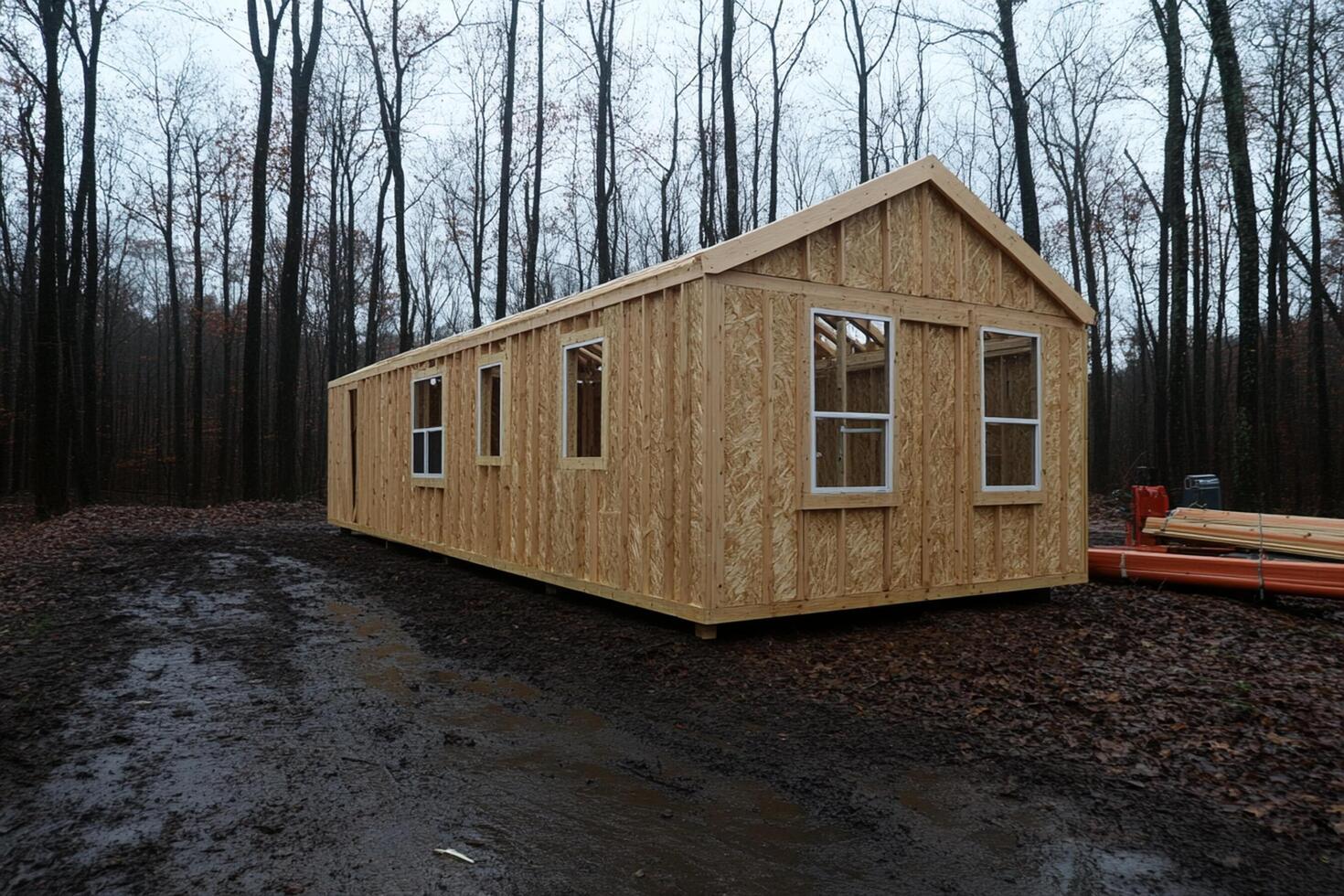 A small cabin in the woods with a tree in the background photo