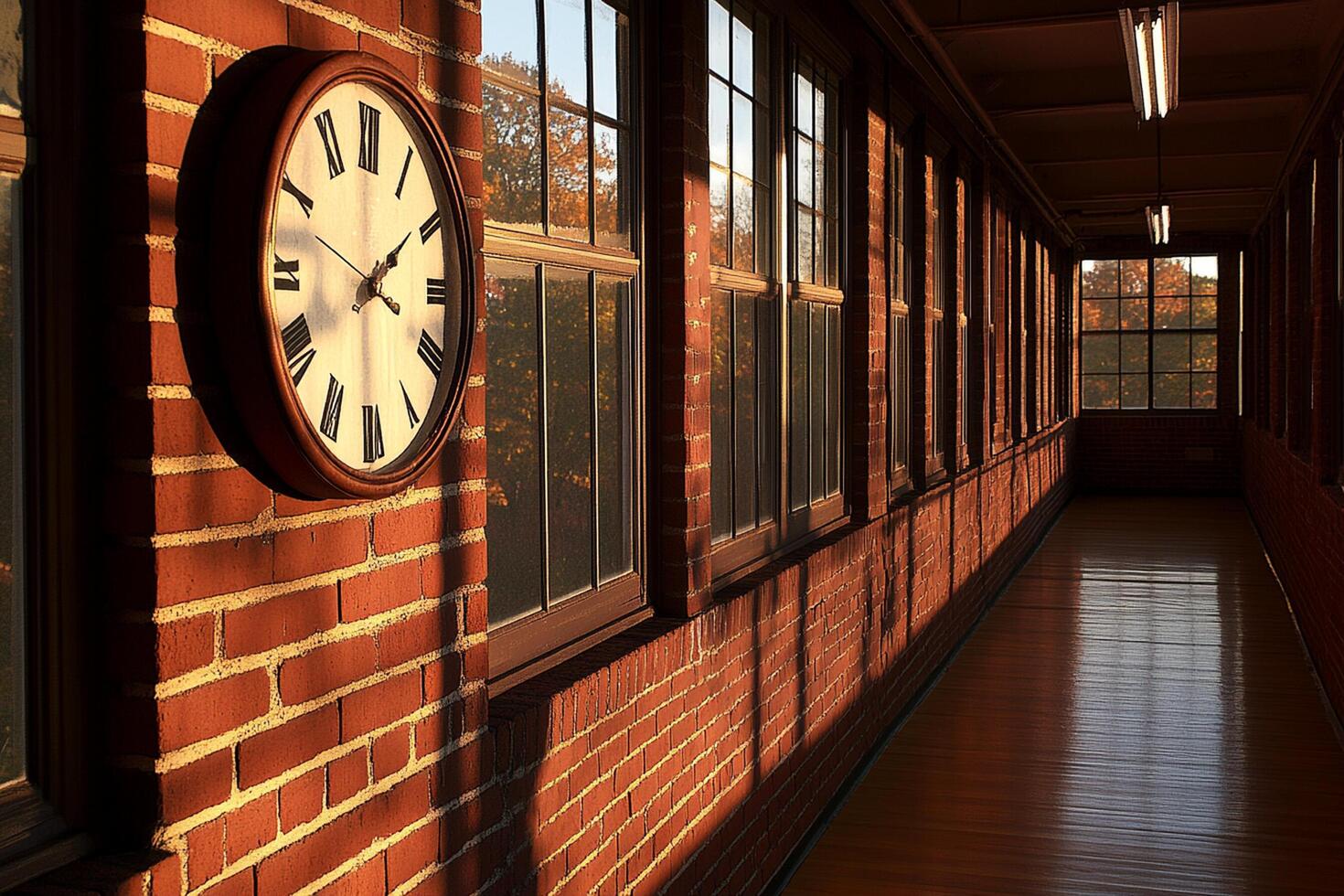 A clock on a wall in a hallway photo