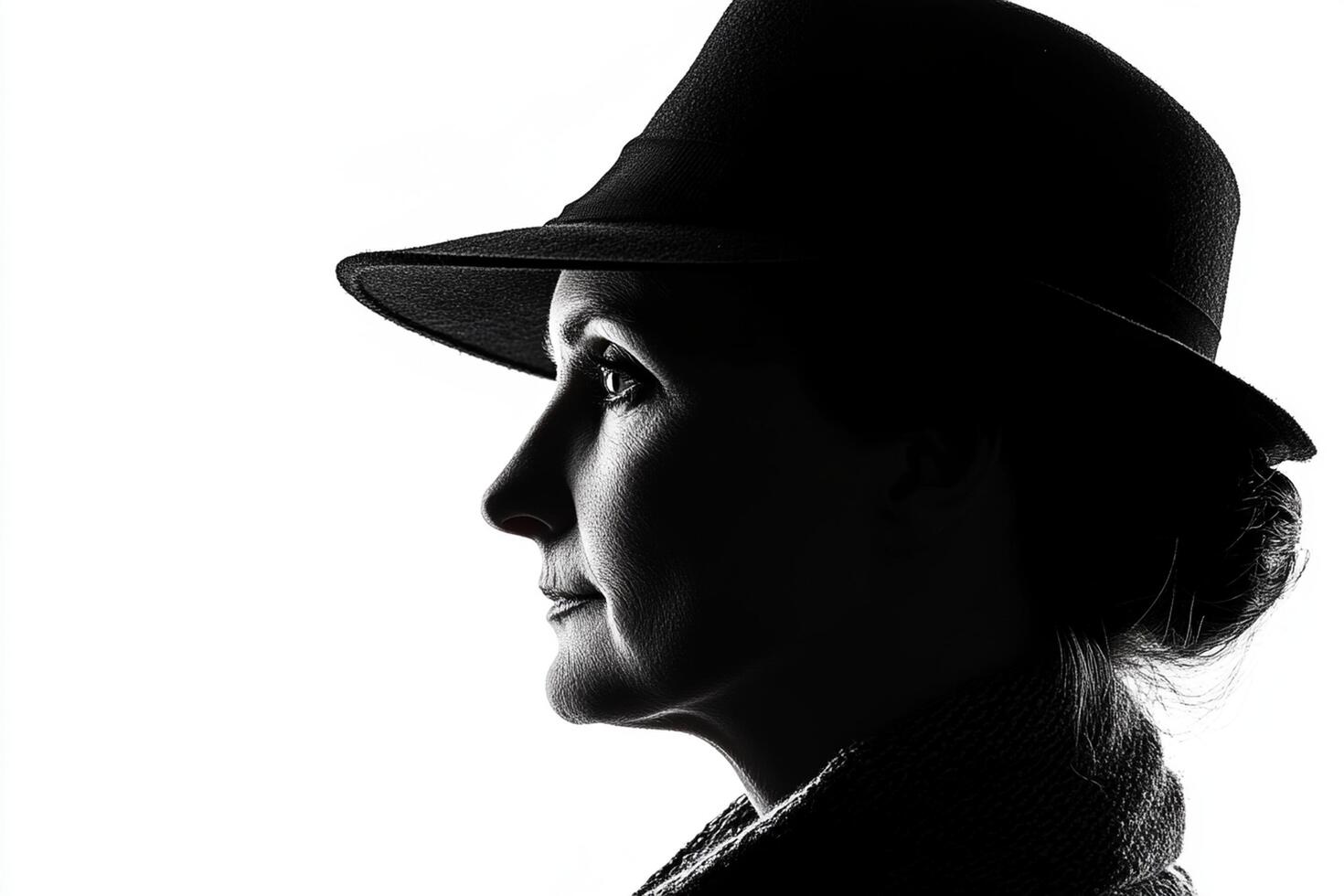 A woman in a hat and scarf is silhouetted against a white background photo