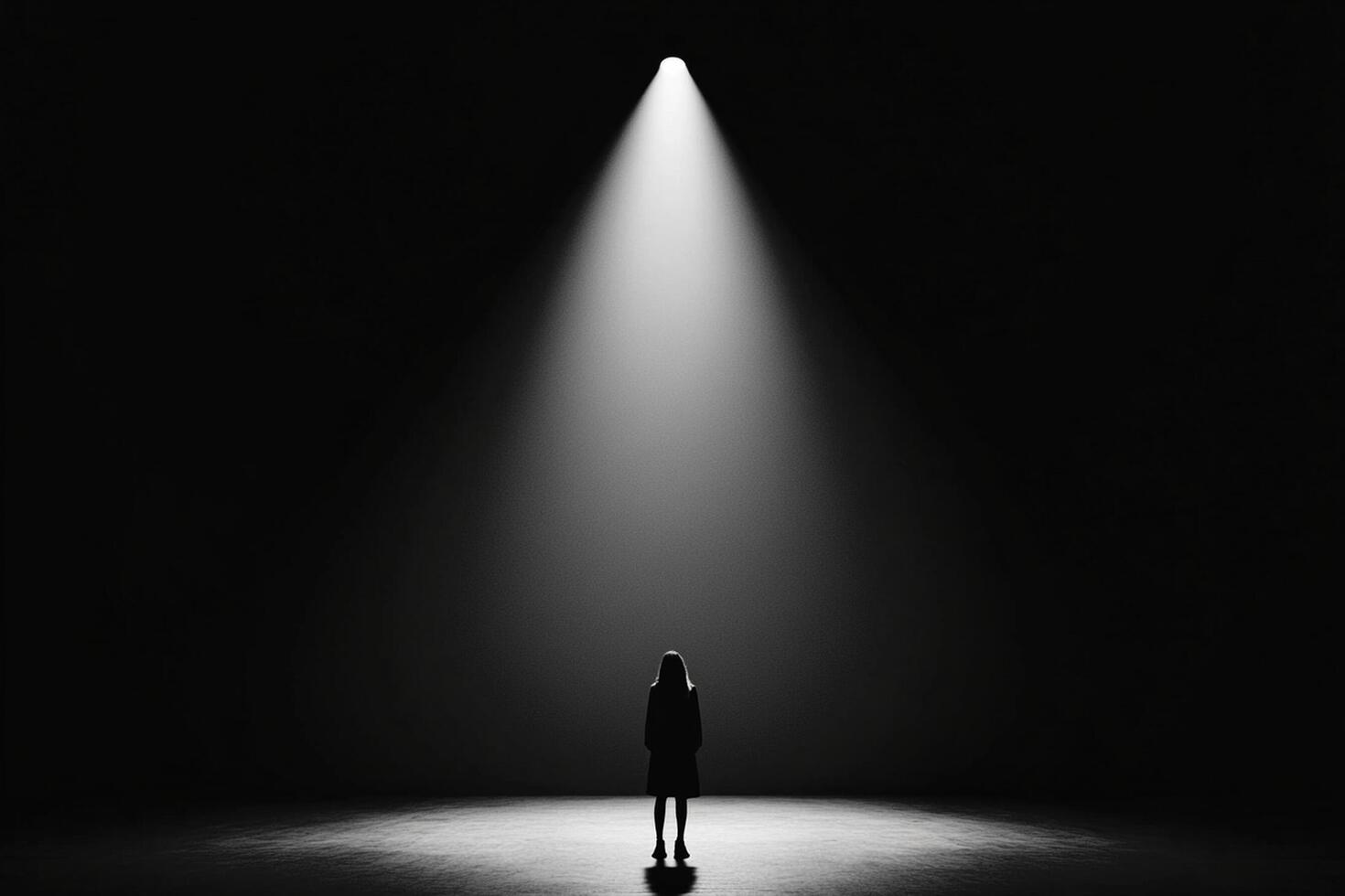 A person standing in the middle of a dark room photo