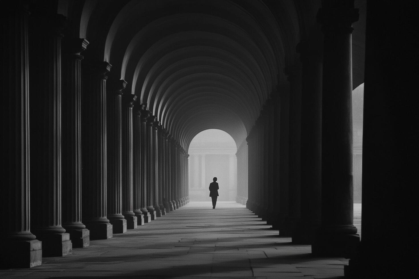 A person walking through a long hallway with pillars photo