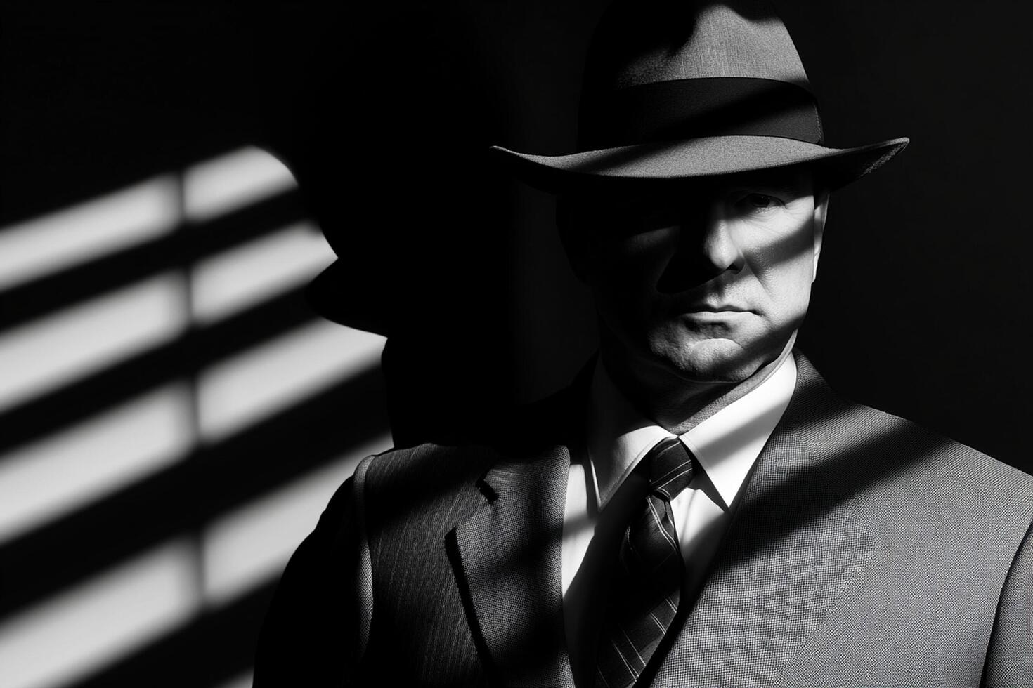 A man in a suit and hat stands in front of a window photo
