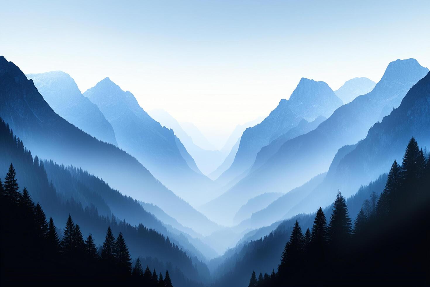 A blue mountain landscape with trees and fog photo
