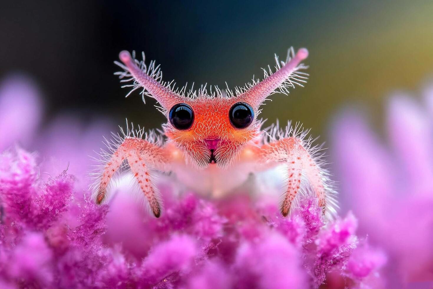 A close up of a pink insect with big eyes photo