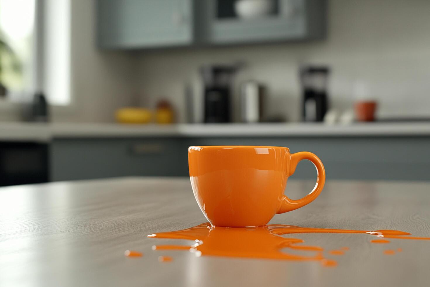 A coffee cup on a kitchen counter with orange liquid photo