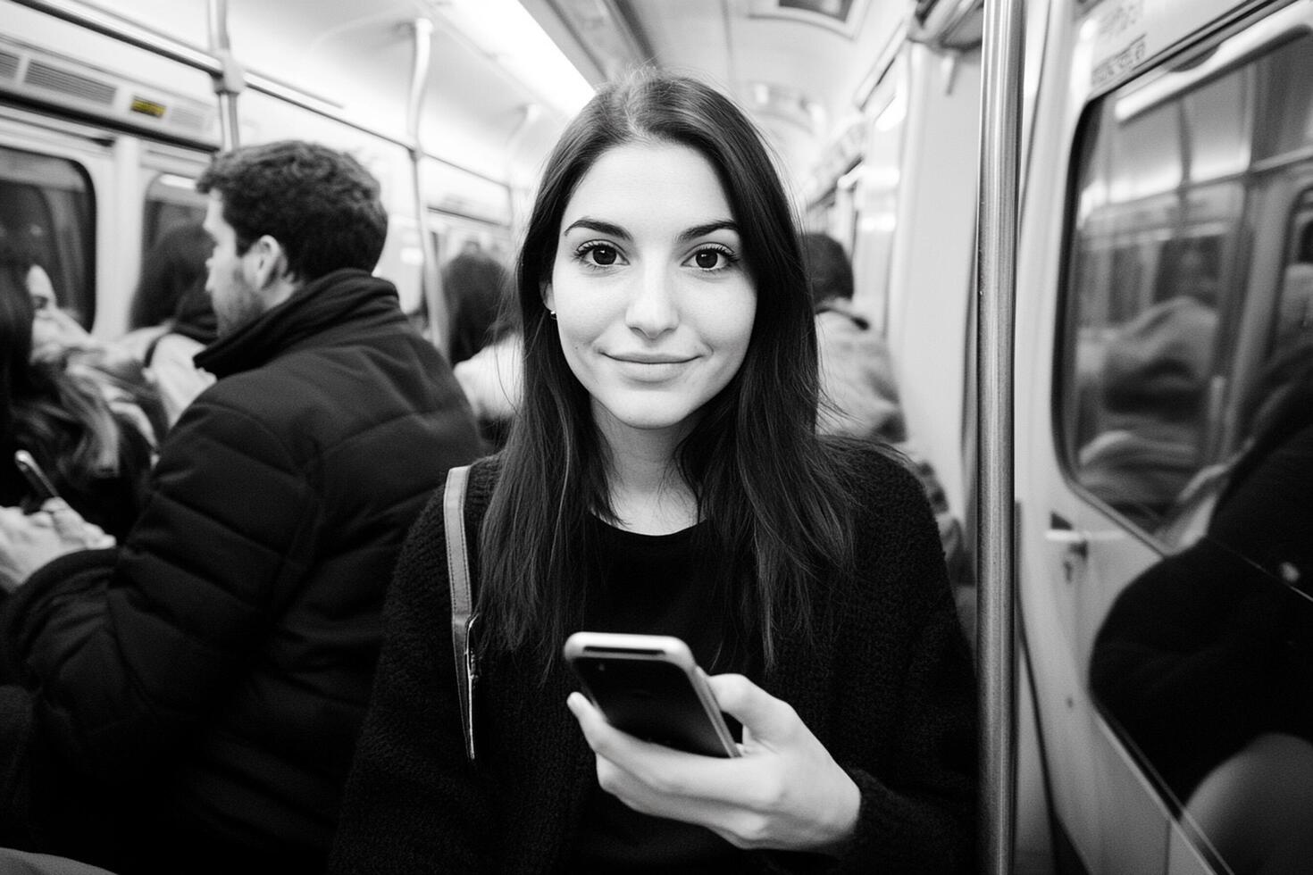 A woman holding a cell phone while riding a subway photo