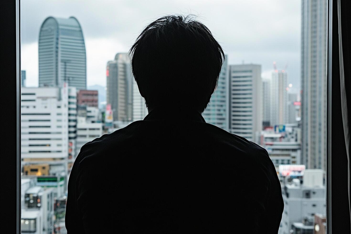 A man standing in front of a window looking out at a city photo