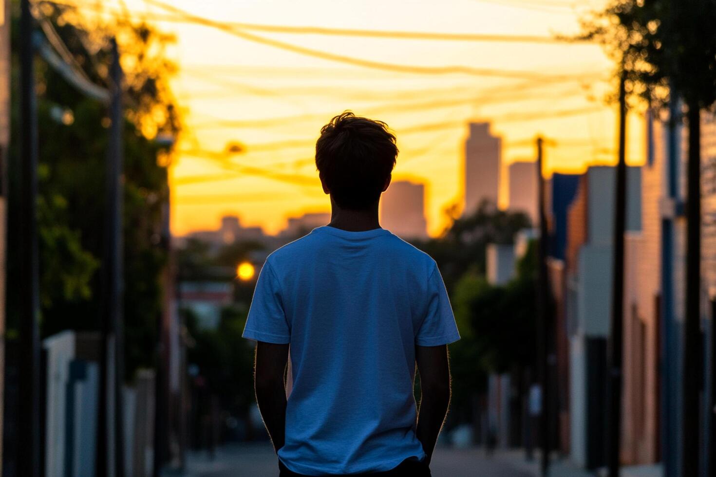 A man standing in an alley at sunset photo