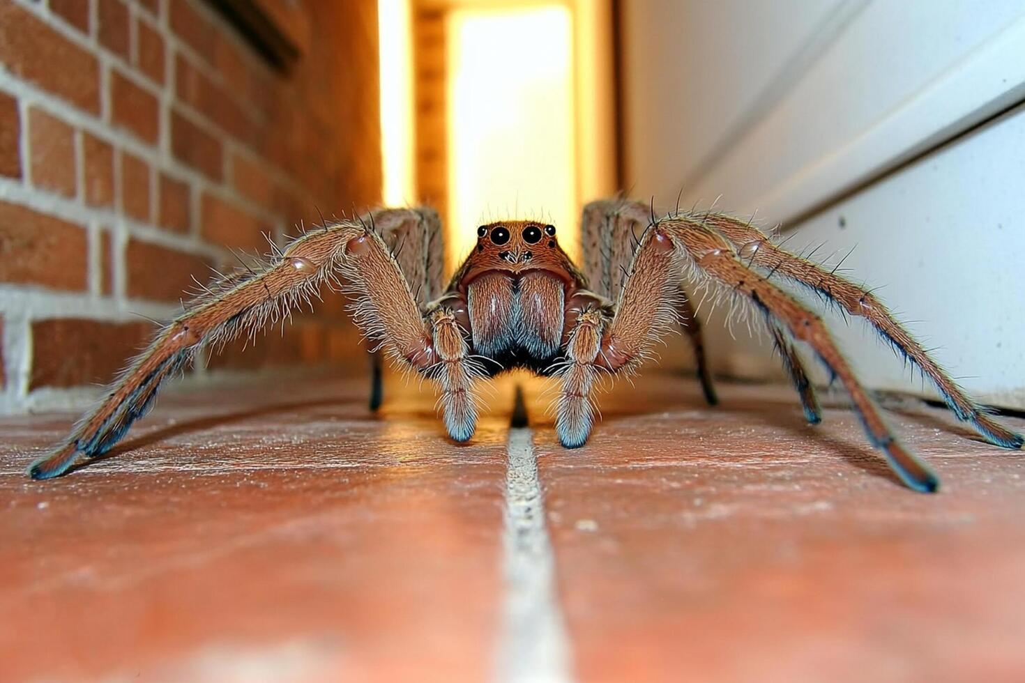 A large spider sitting on the floor in front of a door photo