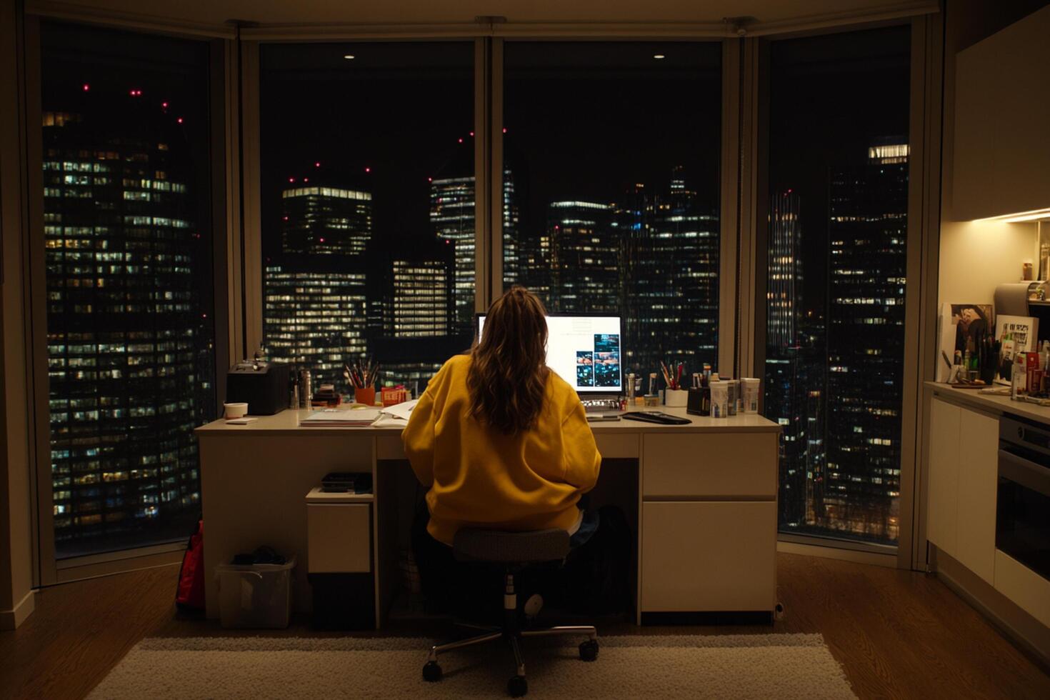 A woman sitting at a desk photo