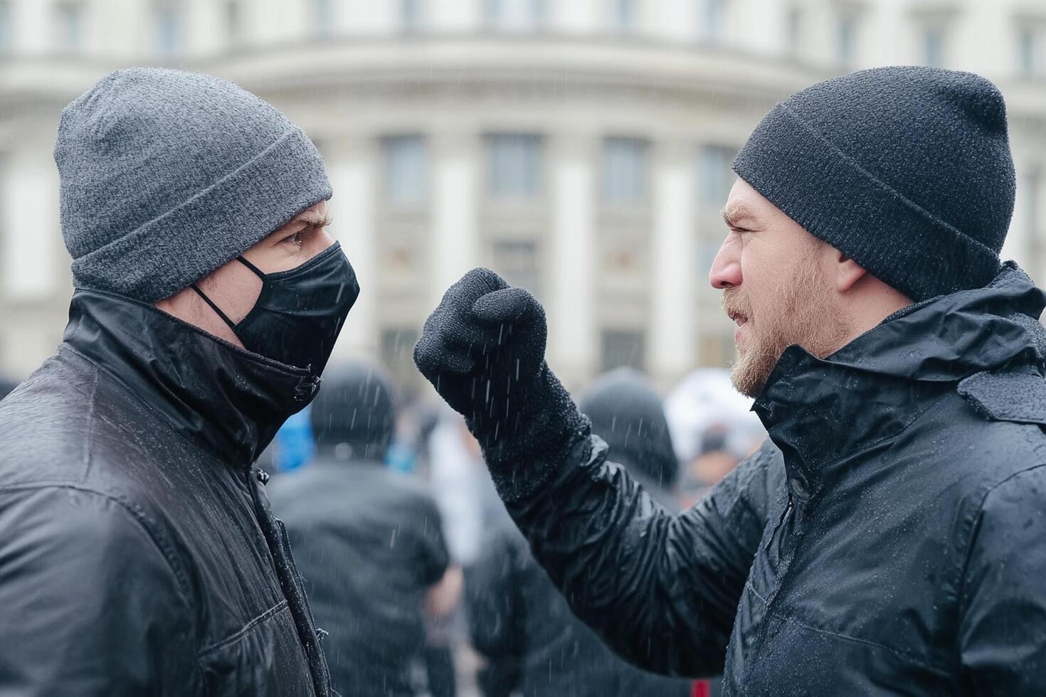 Two men in black face masks and hats are fighting photo