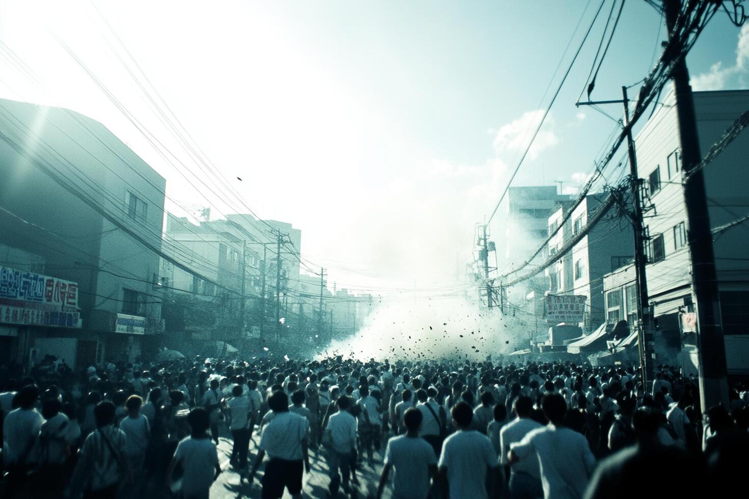 A crowd of people walking down a street photo