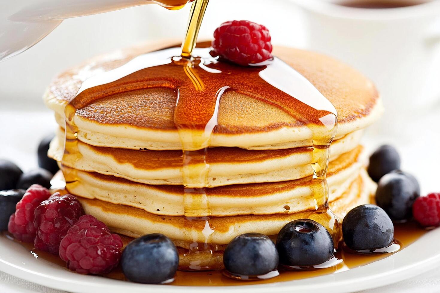 A stack of pancakes with syrup and berries photo