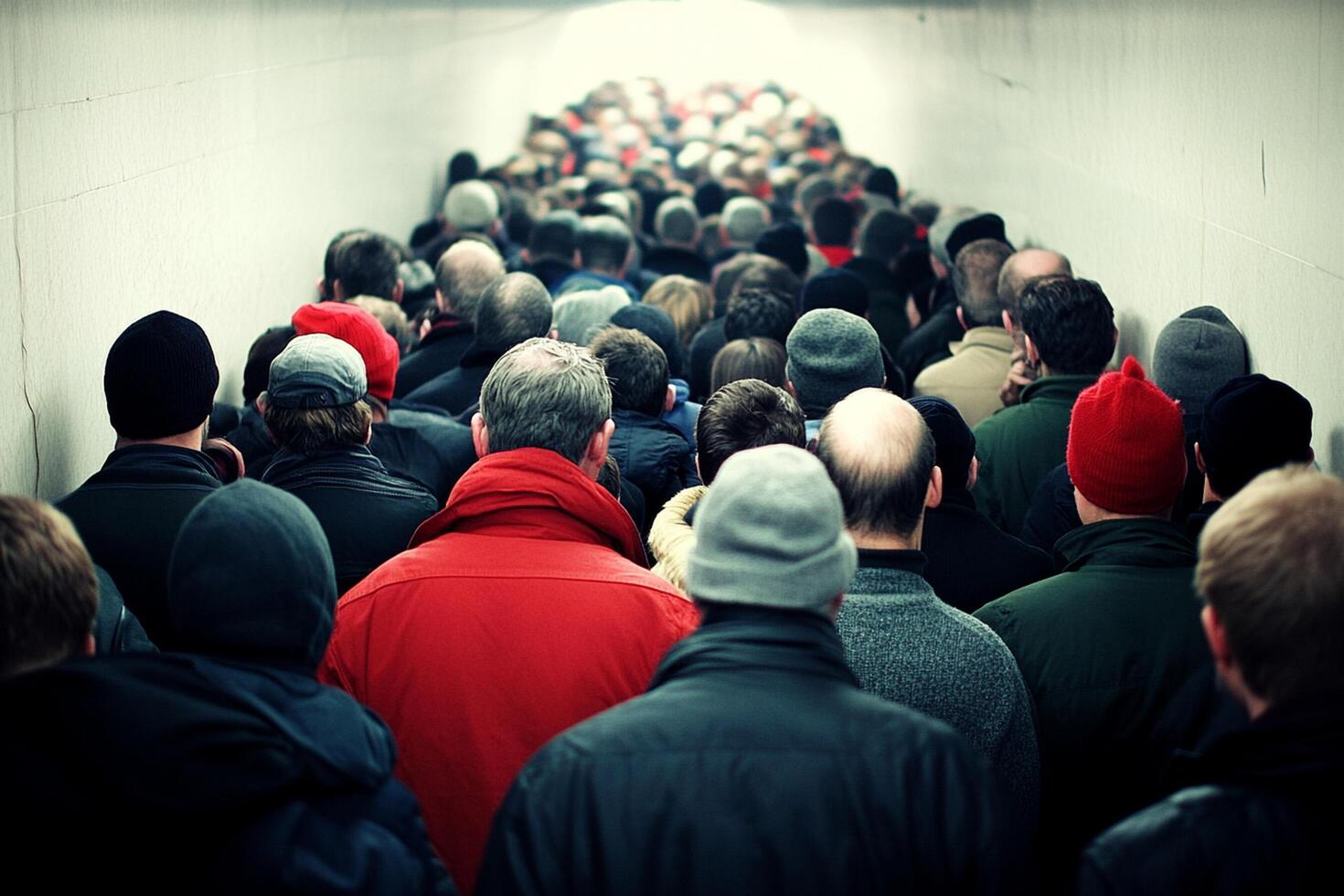 A crowd of people walking down a hallway photo