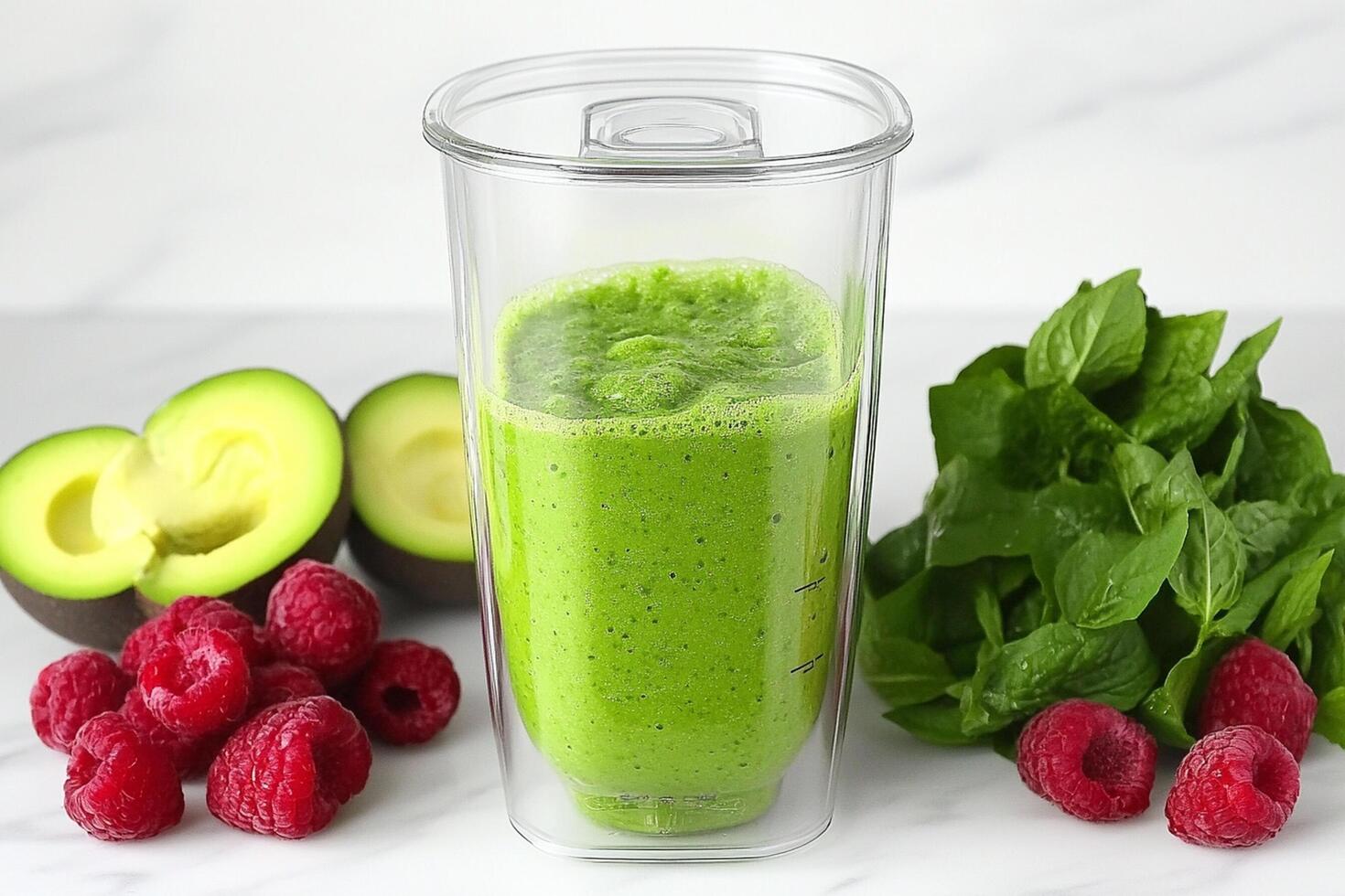 A blender filled with green smoothie and raspberries photo