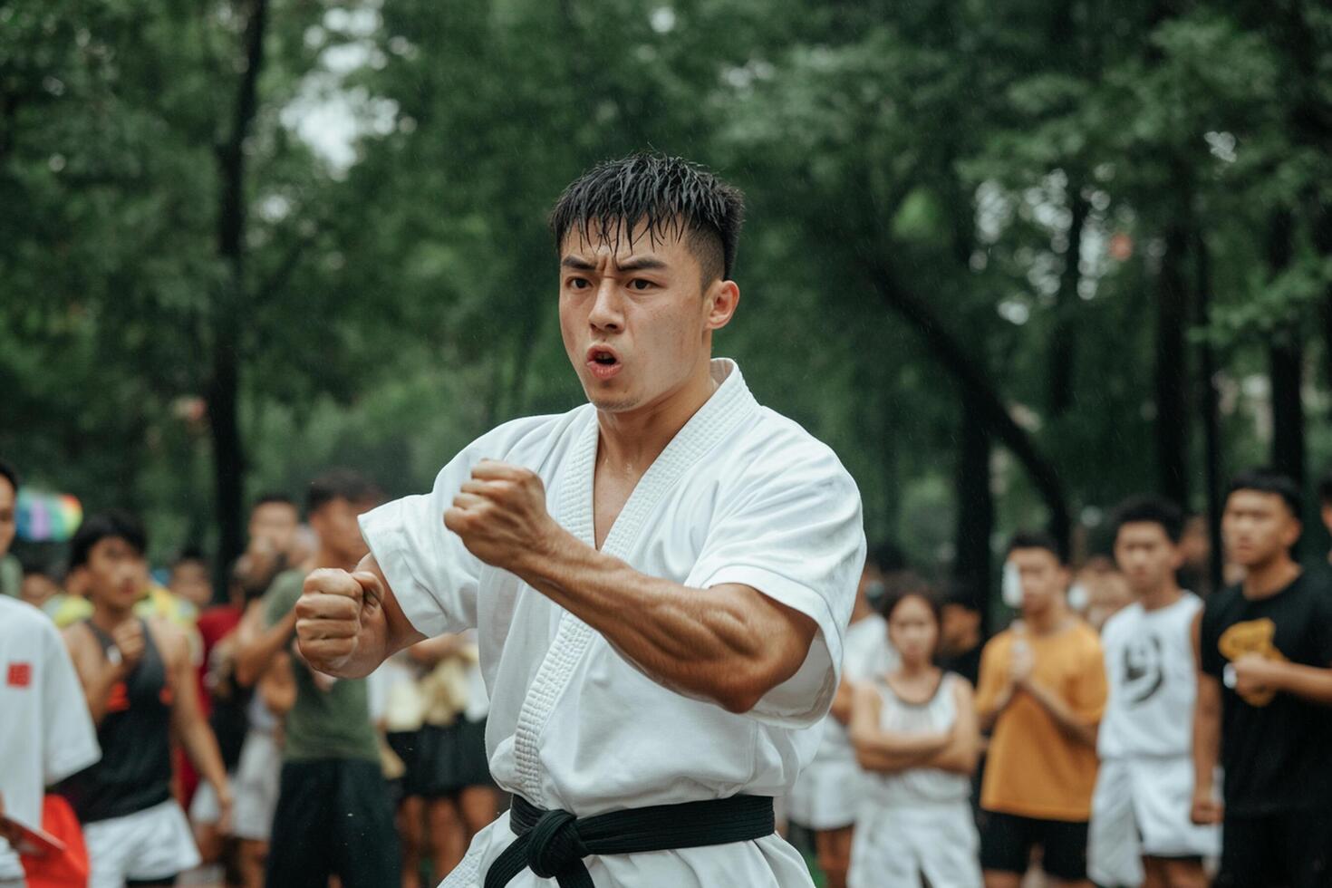 A man in a white shirt and black belt doing karate photo