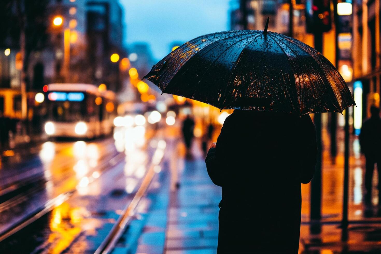 A person holding an umbrella on a rainy night photo