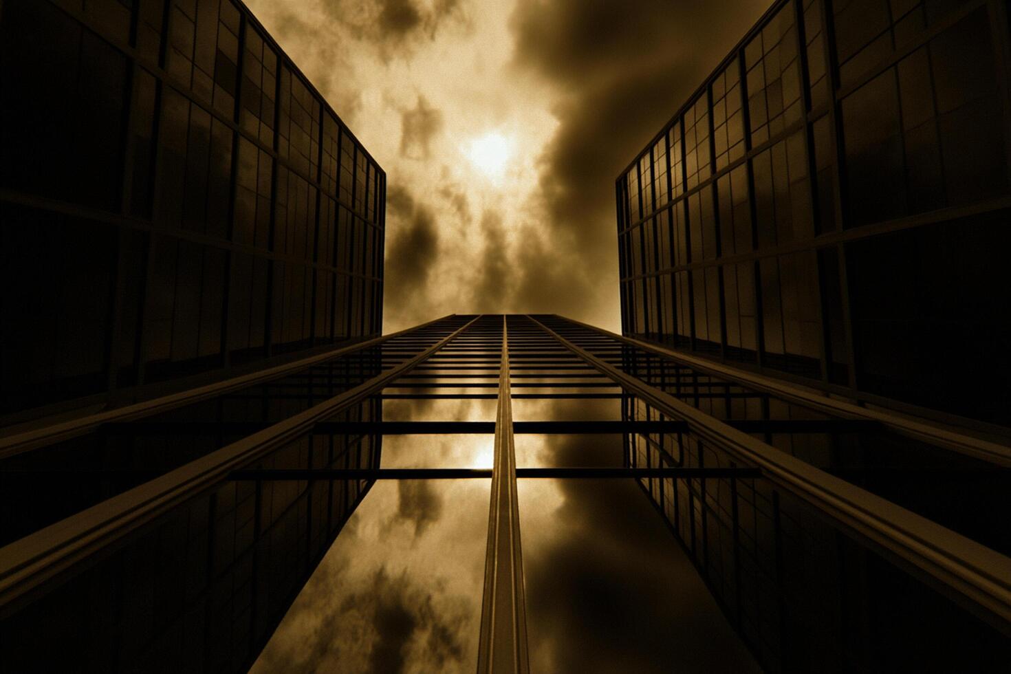 A building with a sun shining through the clouds photo