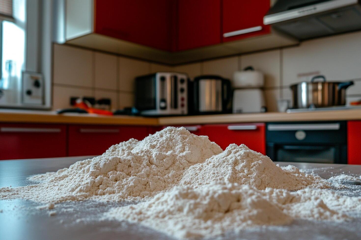 A pile of flour sits on a counter in a kitchen photo