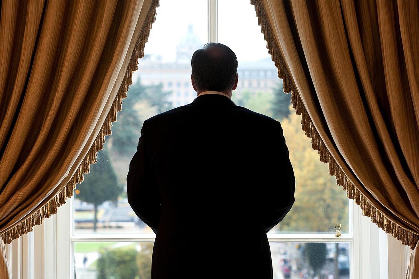 A man in a suit and tie stands in front of a window photo