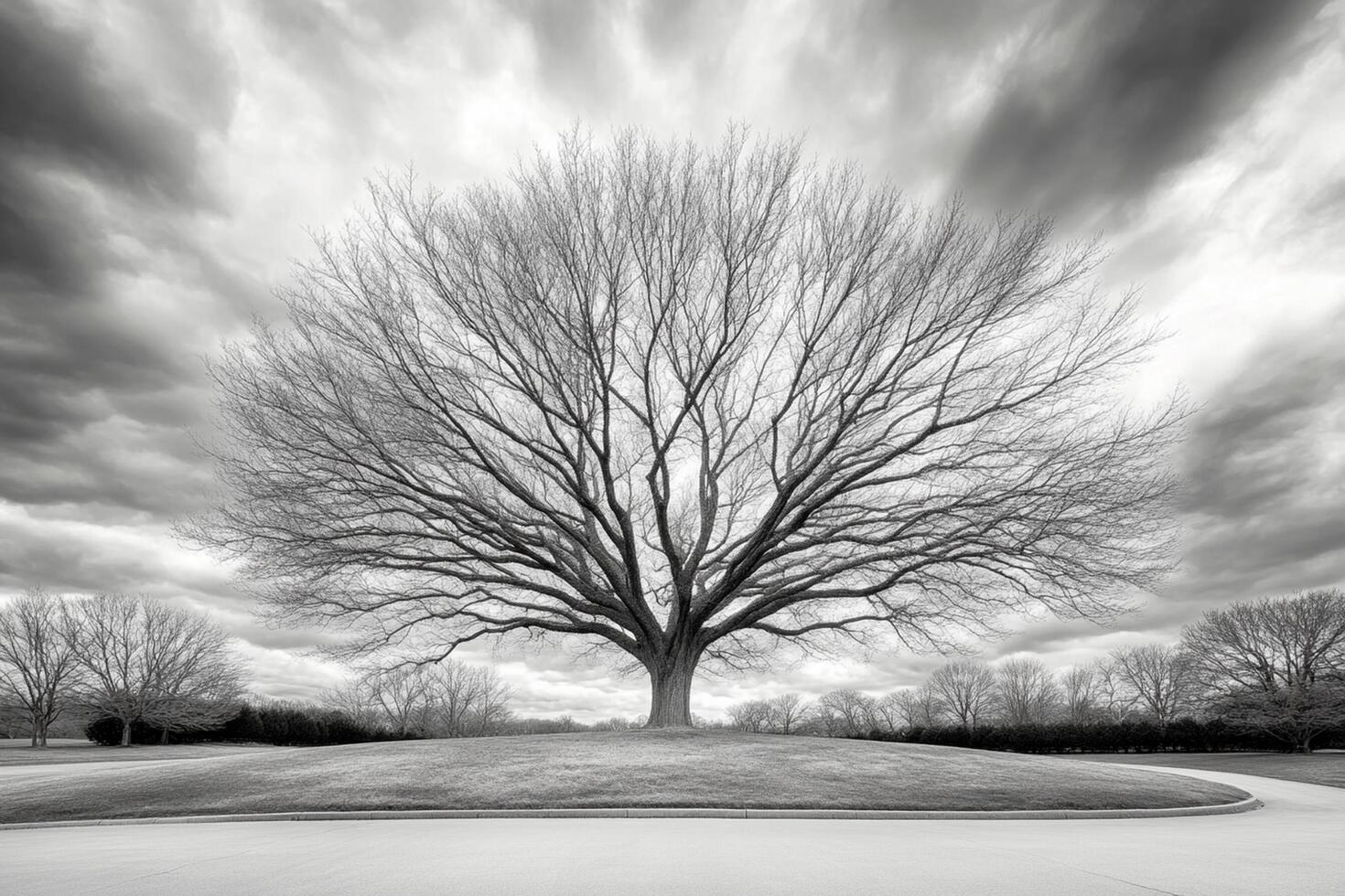 A black and white photo of a tree in the middle of a field