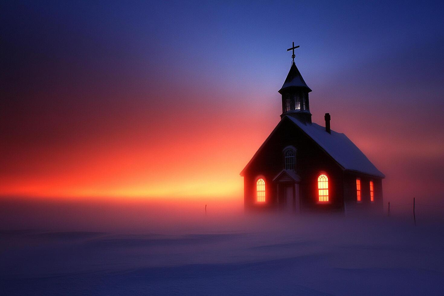 A church is silhouetted against a foggy sky photo
