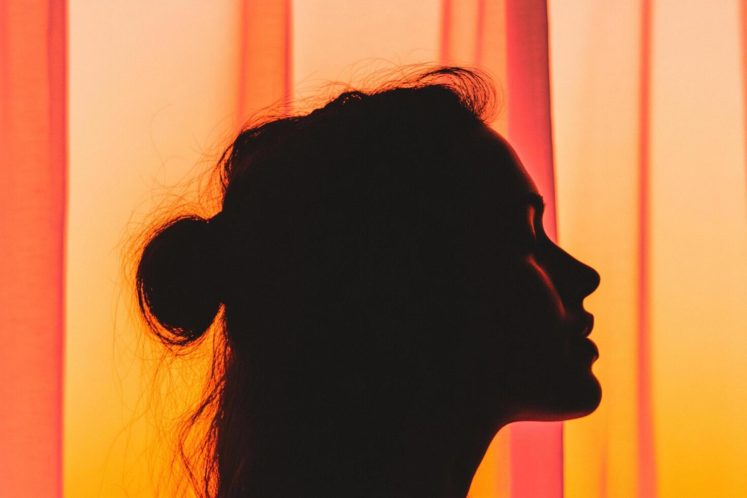 Silhouette of a woman with her hair up against a curtain photo