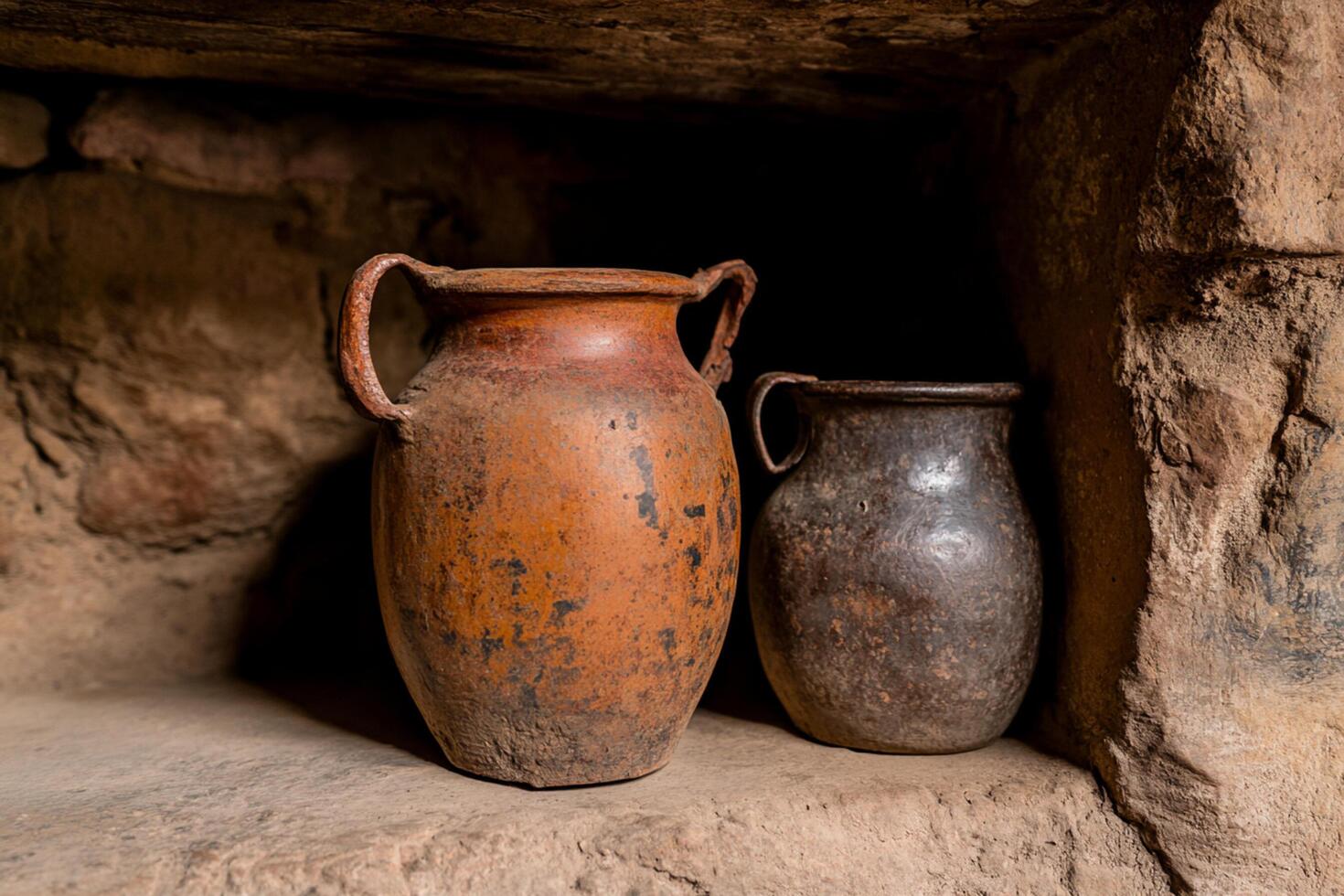 Two vases sitting on a stone wall photo