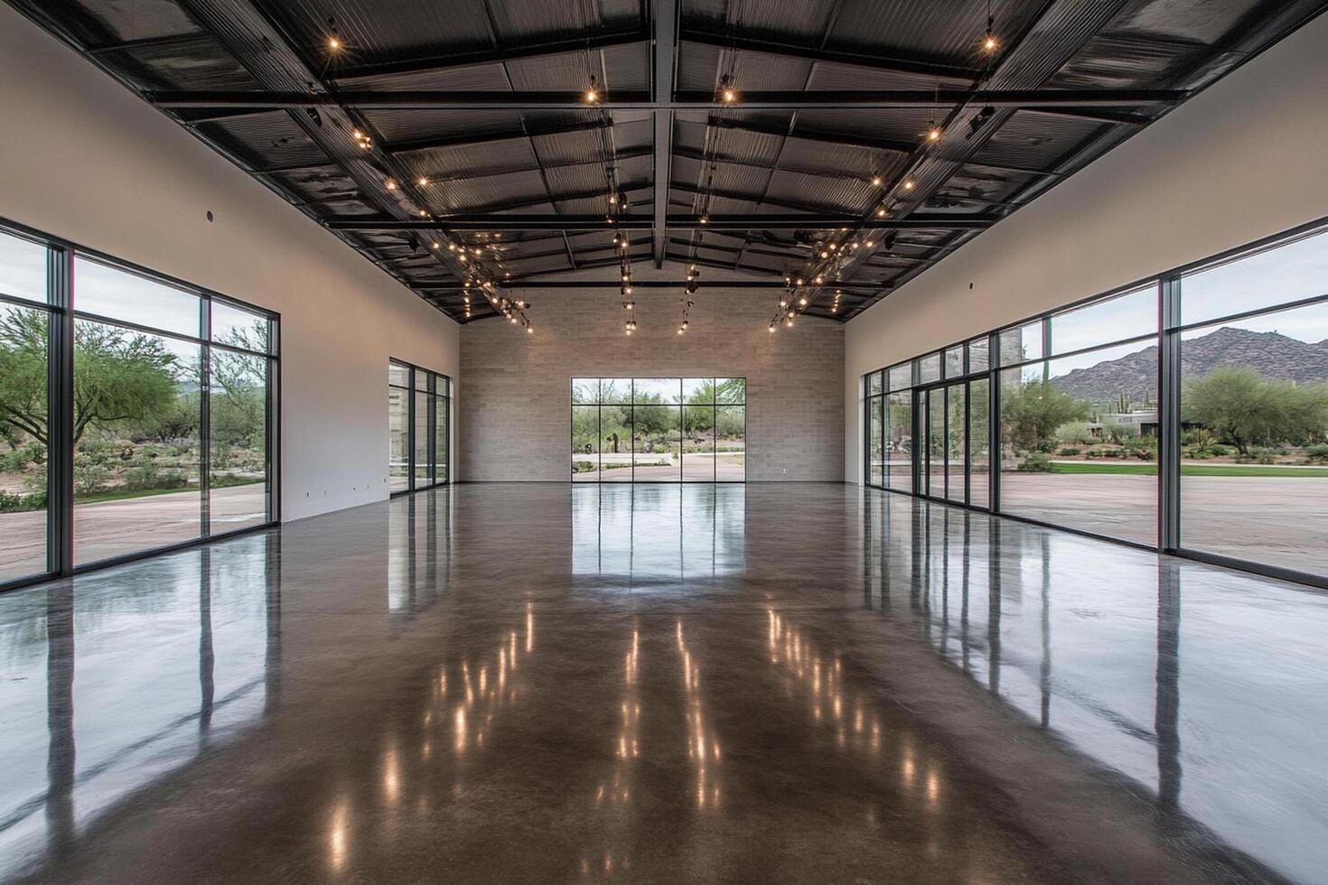 An empty room with large windows and concrete floors photo
