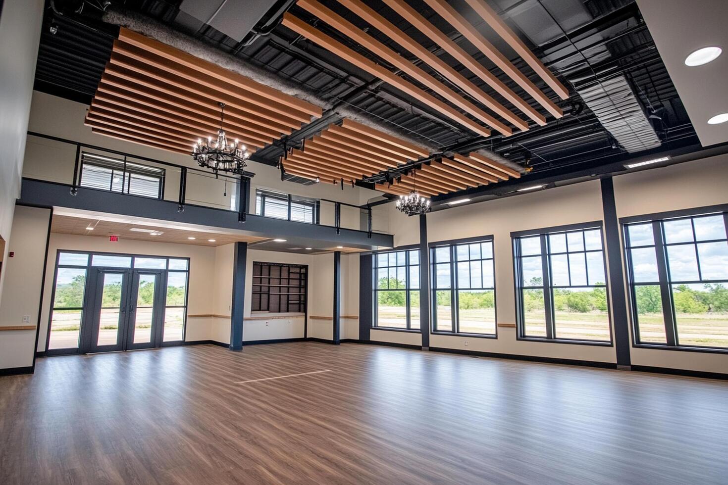 The interior of a large room with wood floors and windows photo