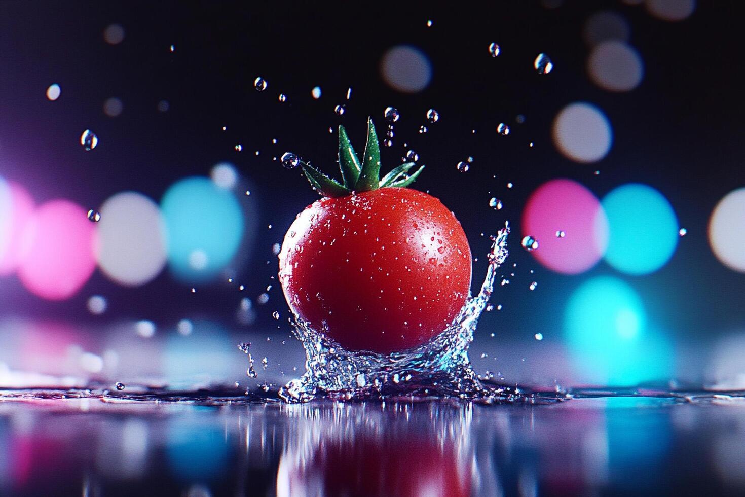 A tomato is splashing water on a black background photo