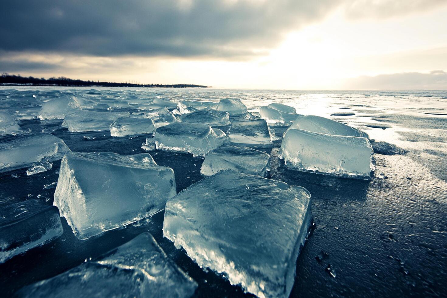 Ice cubes on the beach at sunset photo